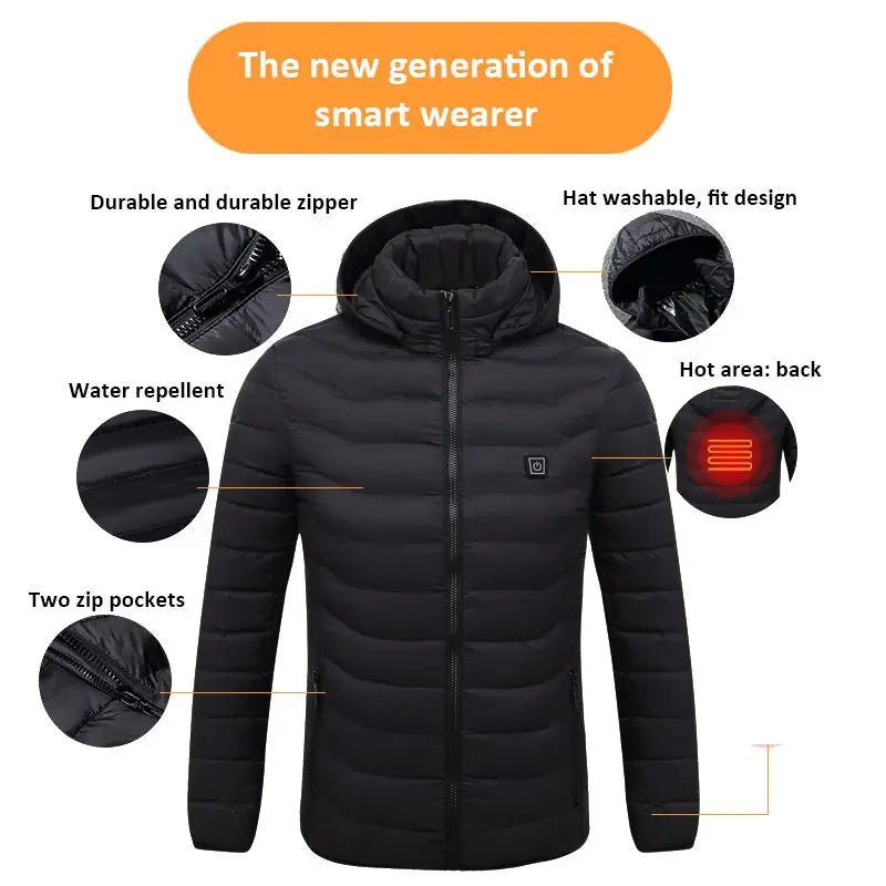 2021 NWE Men Winter Warm USB Heating Jackets Smart Thermostat Pure Color Hooded Heated Clothing Waterproof Warm Jackets