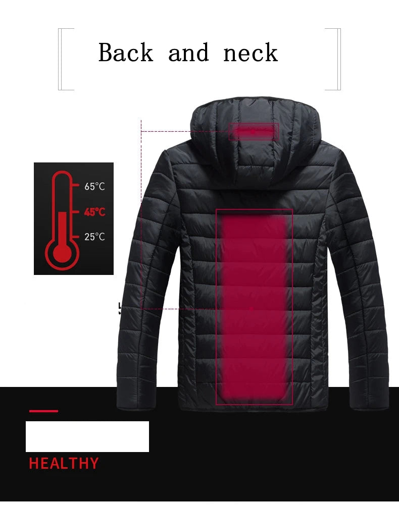 2021 NWE Men Winter Warm USB Heating Jackets Smart Thermostat Pure Color Hooded Heated Clothing Waterproof Warm Jackets