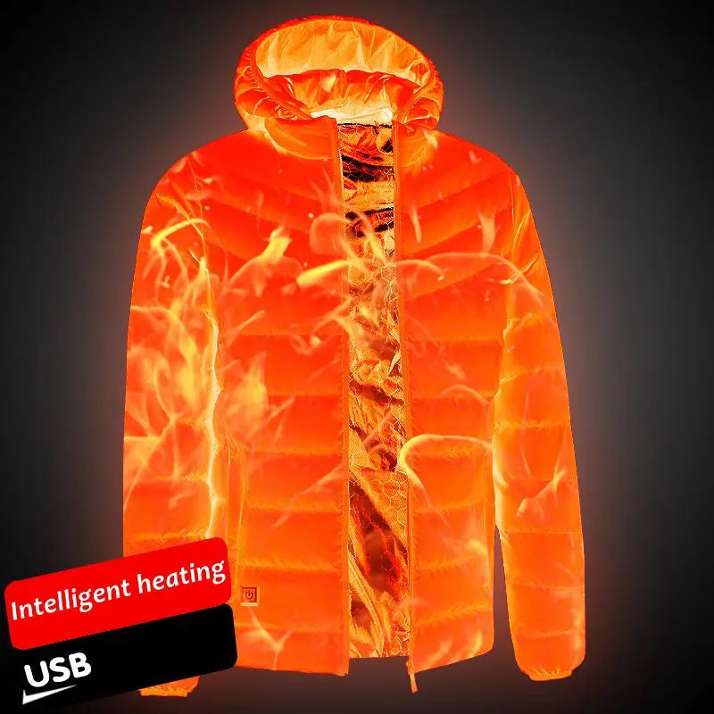 2021 NWE Men Winter Warm USB Heating Jackets Smart Thermostat Pure Color Hooded Heated Clothing Waterproof Warm Jackets
