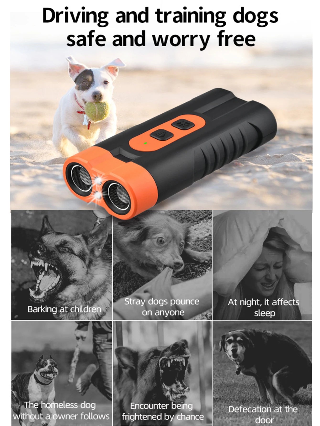 2025 Dual Head Ultrasonic Dog Repeller USB Rechargeable Dog Training Device High-Power Anti Bark Device with LED Flashlight