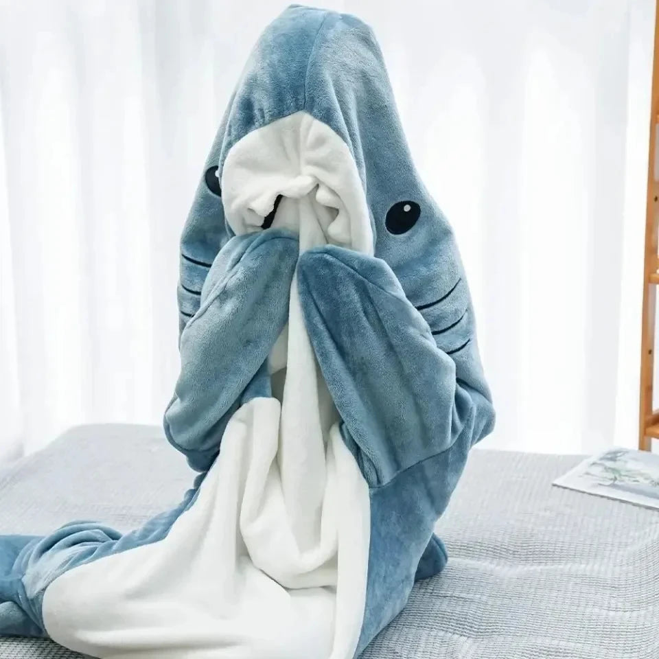 Adult Shark Onesie Pajama & Blanket 2-in-1 - Hooded Flannel Sleeping Bag, Warm Winter Cartoon Homewear Gift for Adults