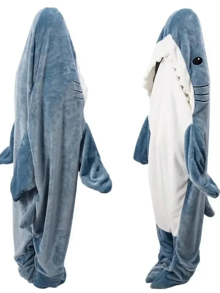 Adult Shark Onesie Pajama & Blanket 2-in-1 - Hooded Flannel Sleeping Bag, Warm Winter Cartoon Homewear Gift for Adults
