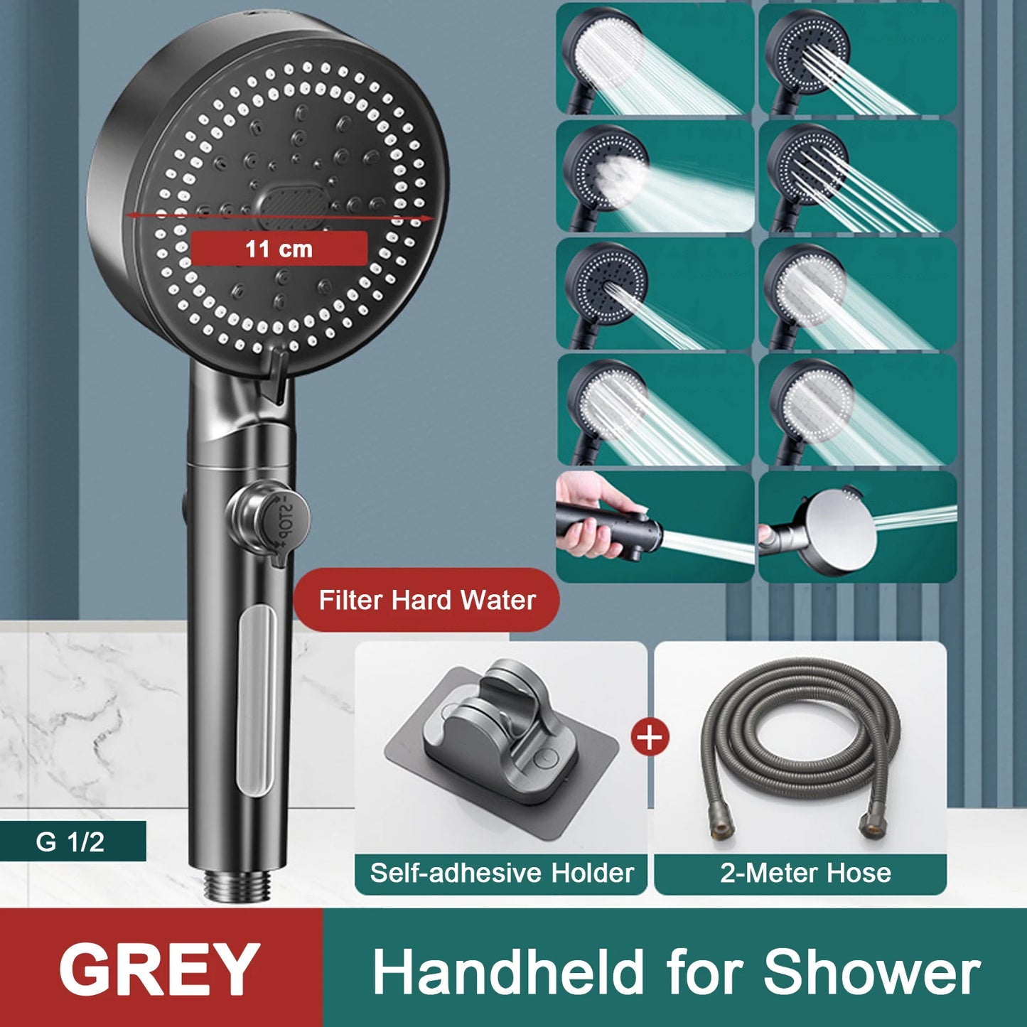 10 Modes Bathroom Shower Head Handheld High-Pressure Water Saver Showerhead Portable Black Rainfall Massage Shower Nozzl