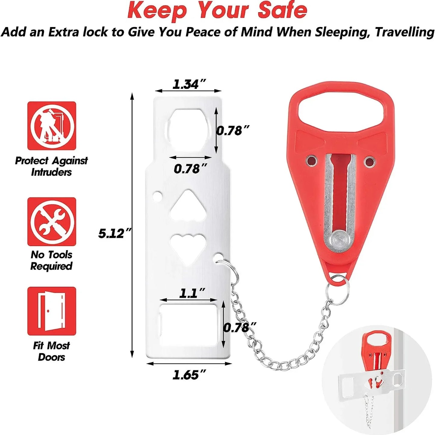 Portable Double Hole Door Lock Travel Safety Anti-Theft Security Lock for Home Hotel Apartment Dorm Room Personal Protection