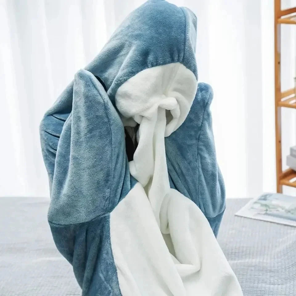 Adult Shark Onesie Pajama & Blanket 2-in-1 - Hooded Flannel Sleeping Bag, Warm Winter Cartoon Homewear Gift for Adults
