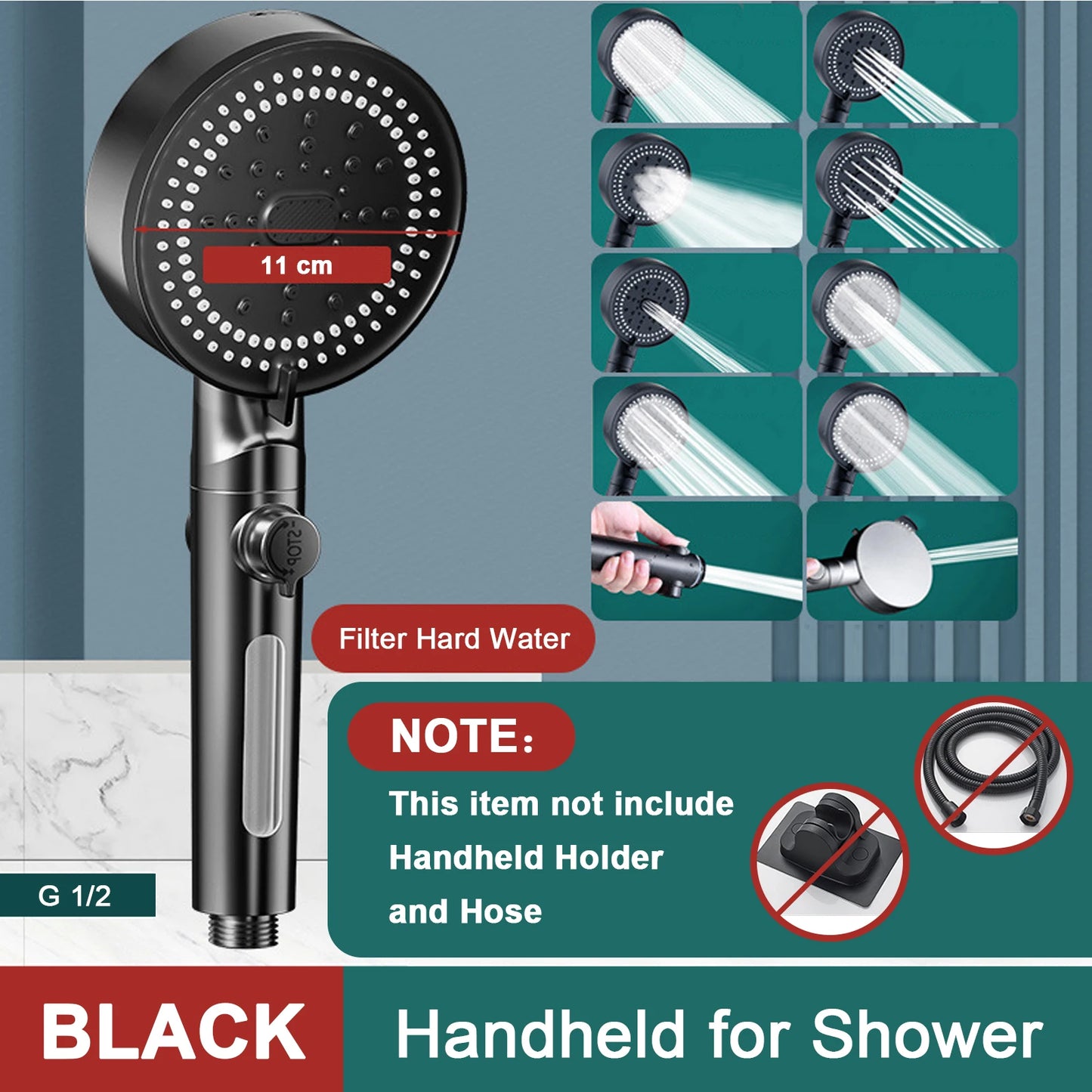 10 Modes Bathroom Shower Head Handheld High-Pressure Water Saver Showerhead Portable Black Rainfall Massage Shower Nozzl