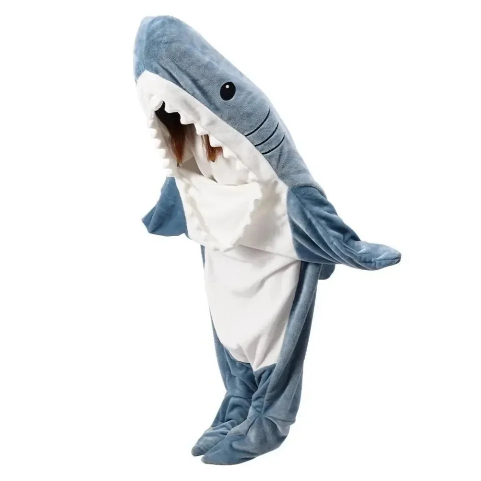 Adult Shark Onesie Pajama & Blanket 2-in-1 - Hooded Flannel Sleeping Bag, Warm Winter Cartoon Homewear Gift for Adults