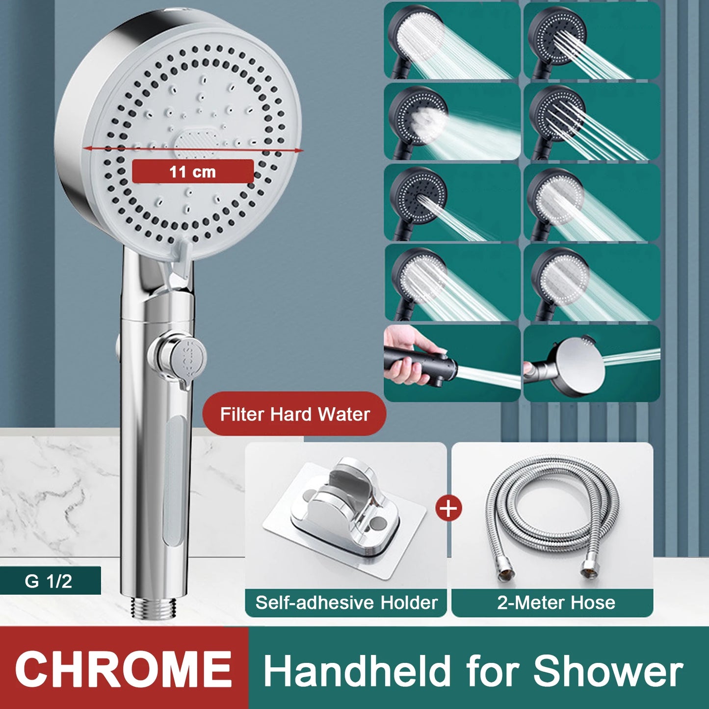 10 Modes Bathroom Shower Head Handheld High-Pressure Water Saver Showerhead Portable Black Rainfall Massage Shower Nozzl
