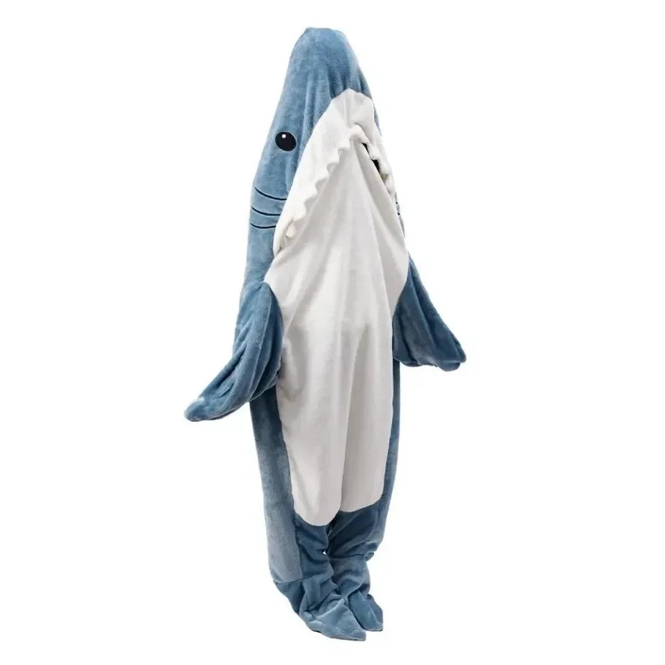 Adult Shark Onesie Pajama & Blanket 2-in-1 - Hooded Flannel Sleeping Bag, Warm Winter Cartoon Homewear Gift for Adults