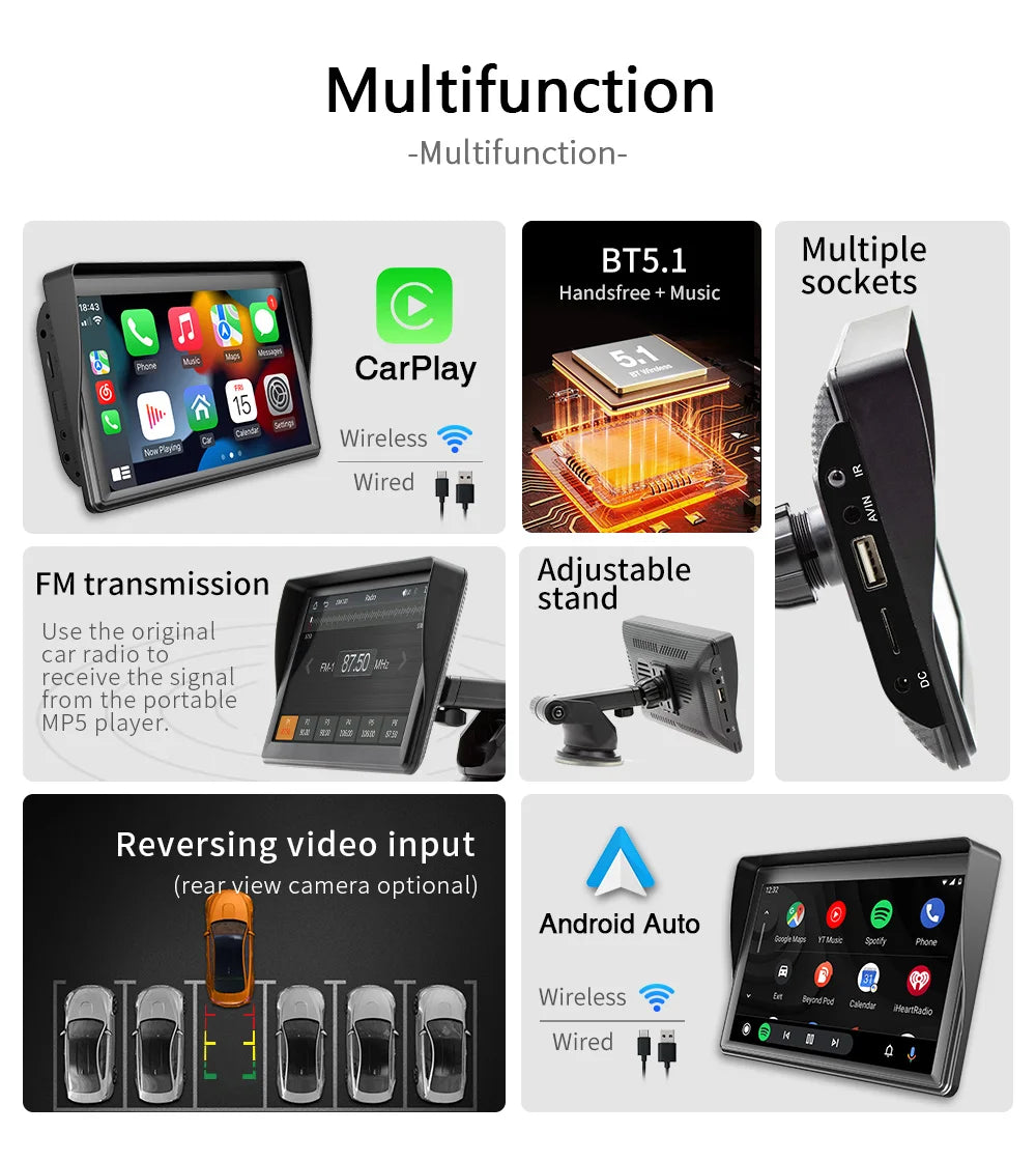 BQCC 7" IPS HD Portable MP5 Car Player Mirrorlink WIFI BT FM USB TF Autoradio Wireless Carplay Android Auto IOS Vehicle Stereo