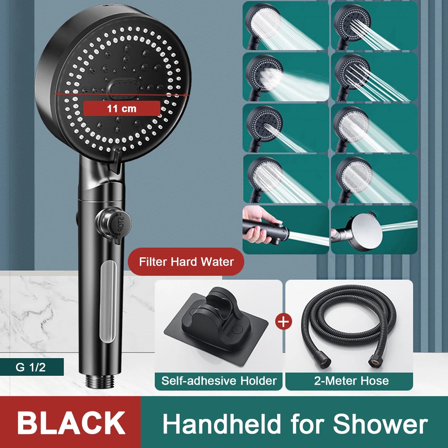 10 Modes Bathroom Shower Head Handheld High-Pressure Water Saver Showerhead Portable Black Rainfall Massage Shower Nozzl