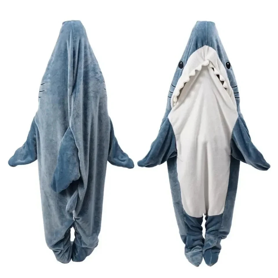 Adult Shark Onesie Pajama & Blanket 2-in-1 - Hooded Flannel Sleeping Bag, Warm Winter Cartoon Homewear Gift for Adults