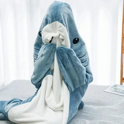 Adult Shark Onesie Pajama & Blanket 2-in-1 - Hooded Flannel Sleeping Bag, Warm Winter Cartoon Homewear Gift for Adults