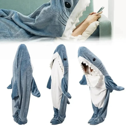 Adult Shark Onesie Pajama & Blanket 2-in-1 - Hooded Flannel Sleeping Bag, Warm Winter Cartoon Homewear Gift for Adults
