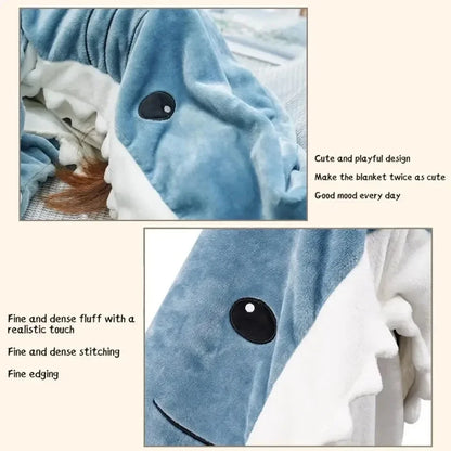 Adult Shark Onesie Pajama & Blanket 2-in-1 - Hooded Flannel Sleeping Bag, Warm Winter Cartoon Homewear Gift for Adults